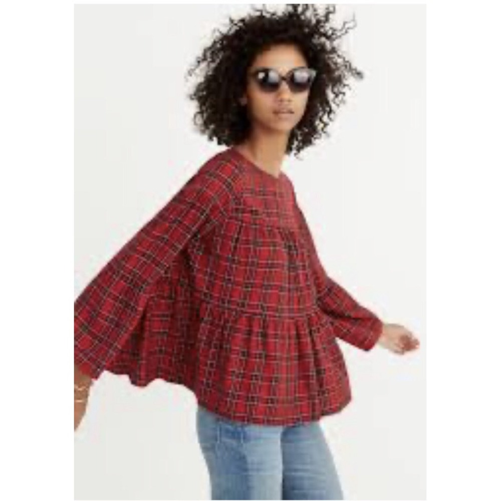 MADEWELL Tiered Viscose Red Black Plaid Button Back Blouse Top XS